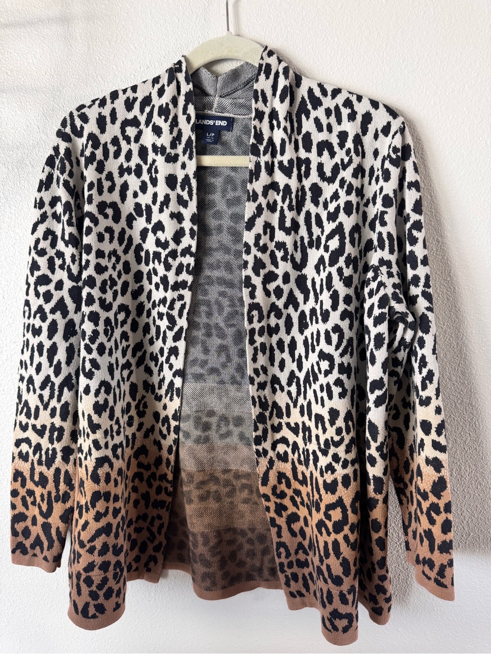 Lands' End Open Front Leopard Print Cardigan. Size LP. Fall Harvest